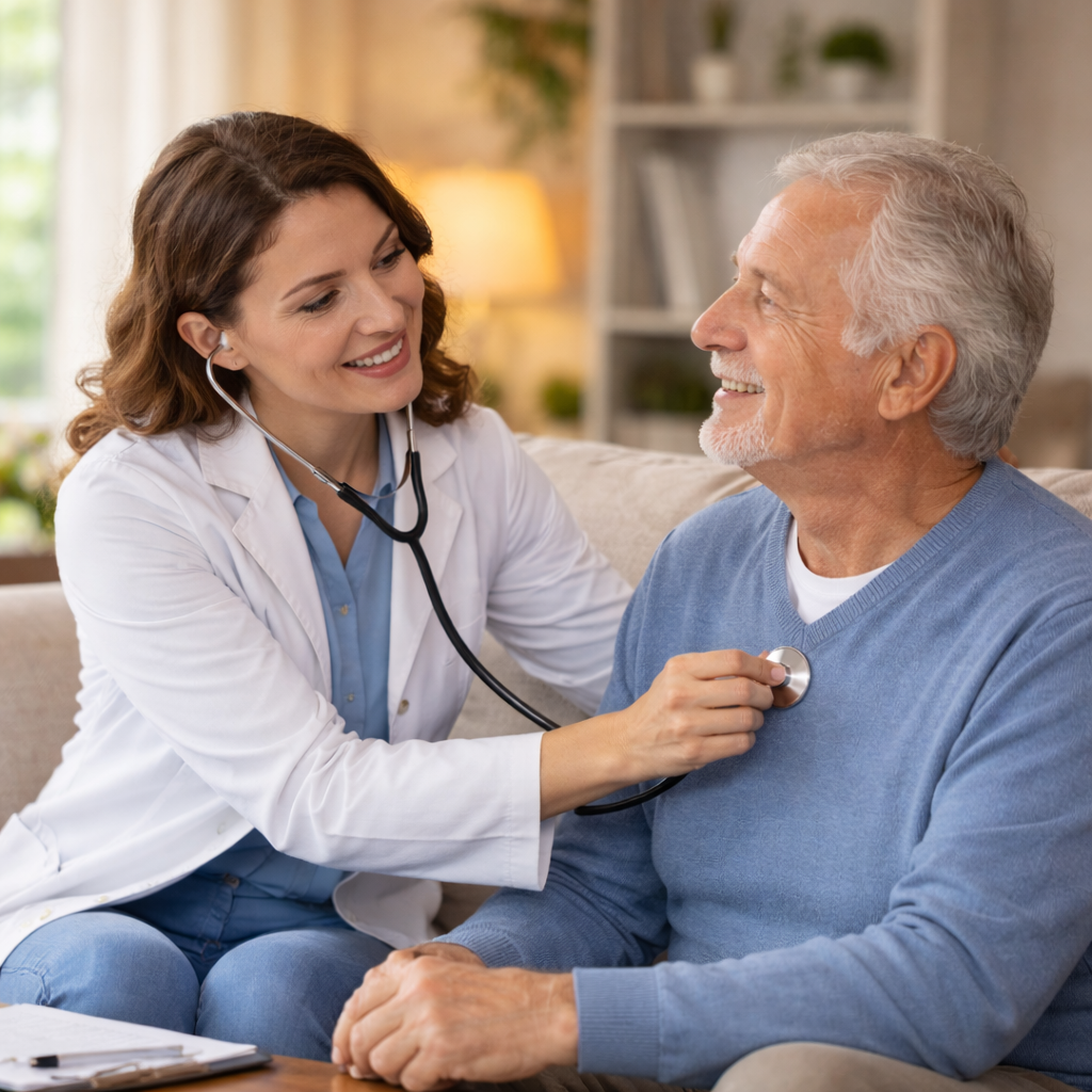 Médica atendendo um idoso em casa, com expressão acolhedora e ambiente domiciliar claro e confortável.